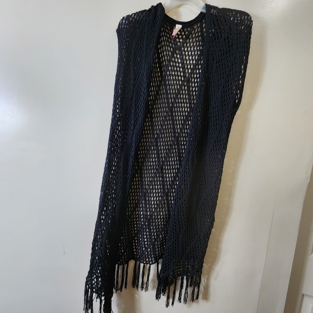 Black Crochet Knit Fringe Duster Cardigan Whimsigoth Beach Festival Boho